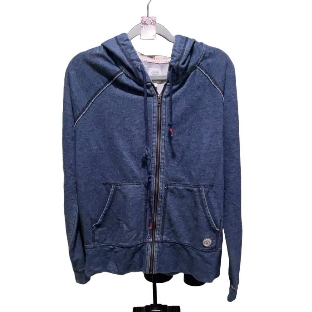 LUCKY LOTUS Women's Full Zip Hoodie Blue Knit 100% Cotton Long Sleeve Size L